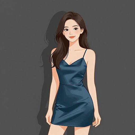 Digital anime-style drawing of a smiling young woman with long black hair, wearing a short, blue, spaghetti-strap dress, against a dark gray background