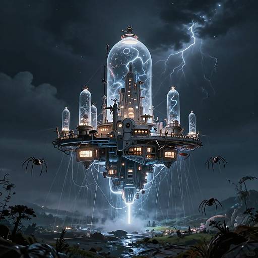 Digital art of a glowing, lightning-struck floating fortress with glass domes, surrounded by spider-like creatures and illuminated by blue lightning. Dark, storm