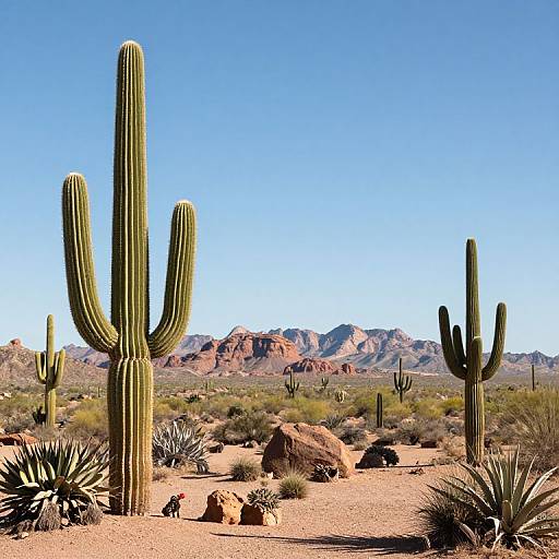 Photograph of a desert landscape with tall, green saguaro cacti, rocky terrain, spiky agave plants, and red rock mountains