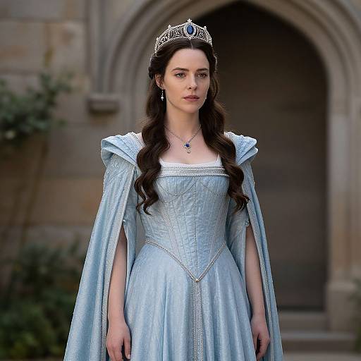 Photograph of a fair-skinned woman with long, wavy brown hair, wearing a light blue, medieval-style gown, crown, and cape,
