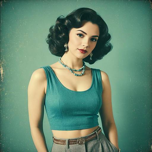 Vintage Style Young Woman in Teal Crop Top