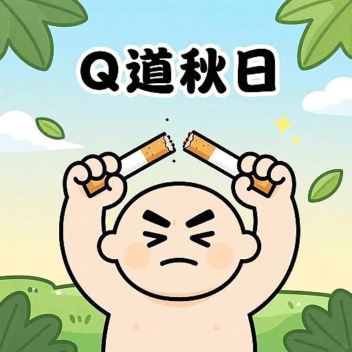 Cartoon bald person with angry expression, arms raised holding two sticks, Japanese text above, green leaves and blue sky background.