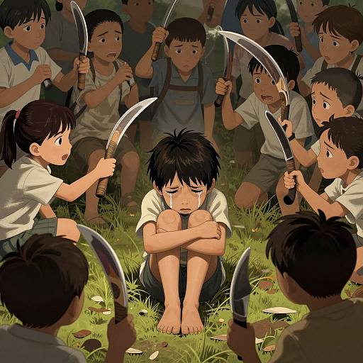 Digital anime-style illustration of a group of children with knives surrounding a crying, seated boy in grass, arms crossed, barefoot.