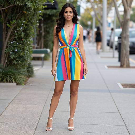 Photograph of a young woman with long dark hair, wearing a colorful striped V-neck dress and white sandals, standing on a sunny urban sidewalk.