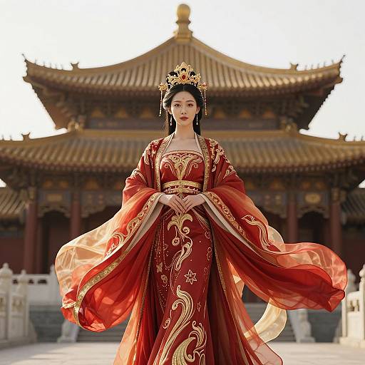 Photograph of an elegant Asian woman in a red, gold-embroidered traditional Chinese dress, standing in front of a traditional Chinese temple with orn
