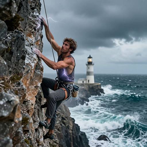 Photograph: Muscular male rock climber with curly hair, wearing a sleeveless shirt and climbing harness, scales stormy cliffside near a l