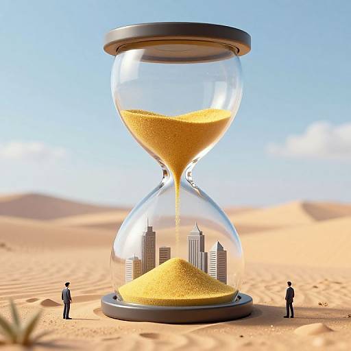 Photorealistic CGI: Giant hourglass with golden sand, cityscape inside, two tiny men on sandy desert; bright blue sky background.