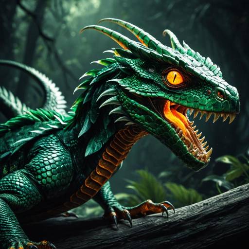 Emerald Feathered Dragon with Glowing Orange Eyes Emerald Feathered Dragon with Glowing Orange Eyes