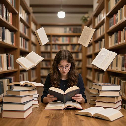 Photograph of a young woman with glasses, brown hair, and black shirt, reading a book in a library, surrounded by floating and stacked books.