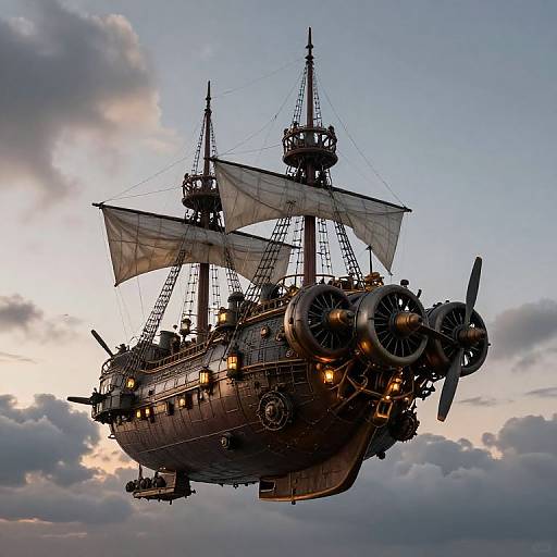 Photograph of a detailed, steampunk-style airship with large propellers, billowing sails, and illuminated windows, set against a twilight sky