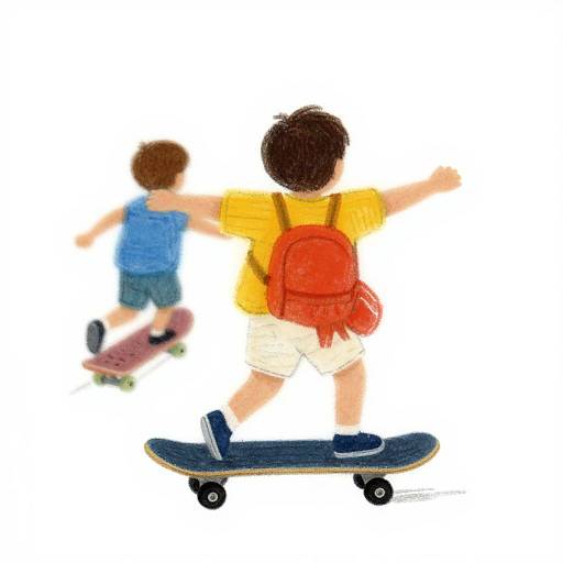 Digital drawing of two boys skateboarding, one in yellow shirt and red backpack, other in blue shirt, against a white background.
