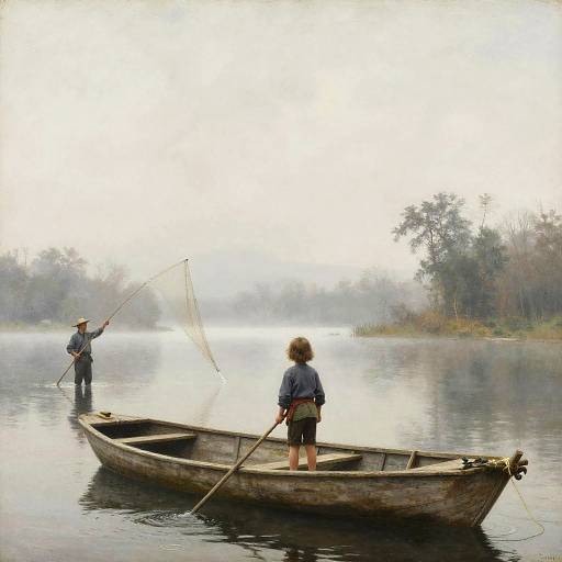 Child by Boat Over Misty Lake