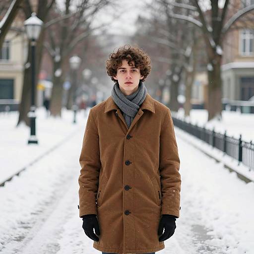 Photograph of a young man with curly brown hair, wearing a brown coat, gray scarf, and black gloves, standing in a snowy urban street.