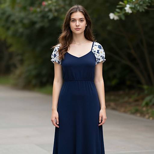 Photograph of a young woman with long brown hair wearing a black dress with white floral lace sleeves, standing on a paved path with lush greenery in