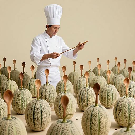 Photograph of a male chef in white uniform and hat, standing in a field of decorative, woven melons with wooden spoons.
