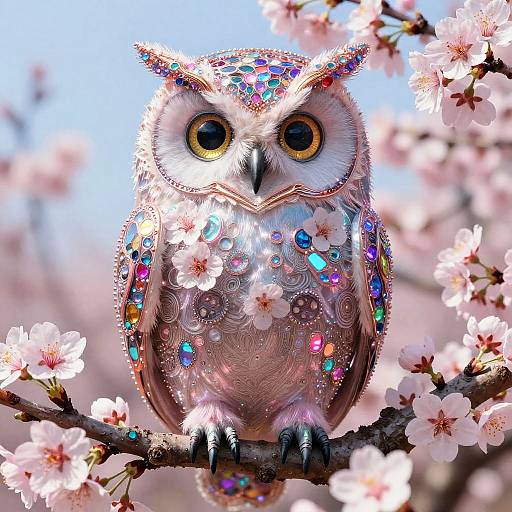 Satirical Magical Biopunk Cherry-Blossom Owl