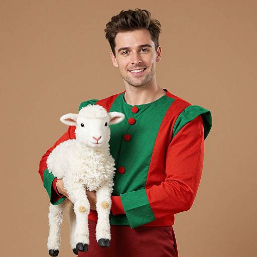 Photograph of a smiling man with short brown hair, wearing a green and red Christmas sweater, holding a fluffy white lamb against a plain beige background.