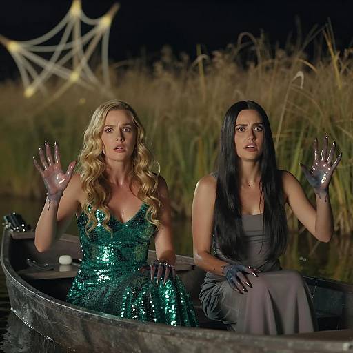 Two Women in Boat with Metallic Claw Hands at Night