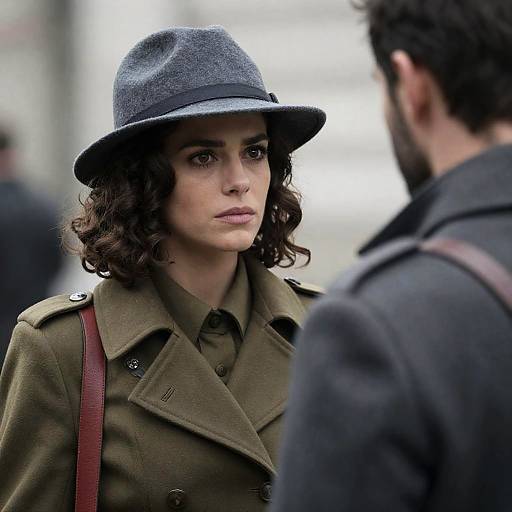 Serious Woman in Gray Hat and Military Coat