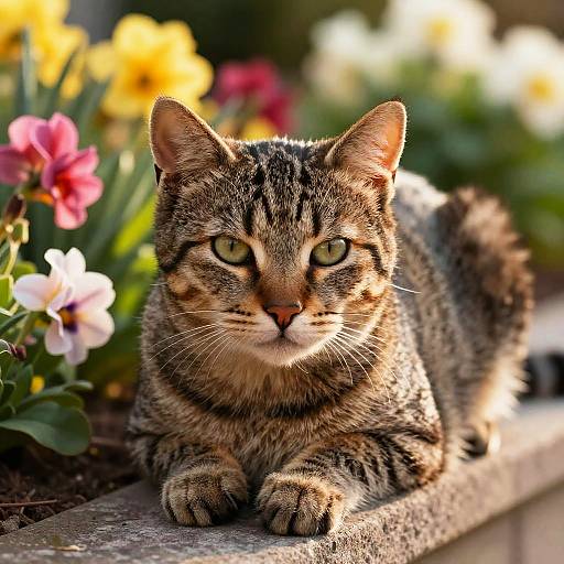 Photograph of a tabby cat with green eyes, lying on a stone ledge surrounded by colorful, blooming flowers in a sunny garden.