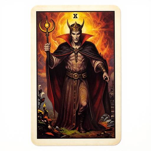 Digital illustration of a muscular, dark-skinned, horned king with a black cape, holding a trident, standing against a fiery, orange-yellow