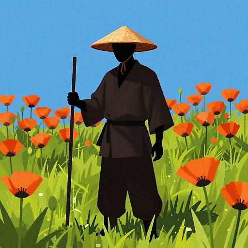 Silhouetted Figure in Poppy Fields