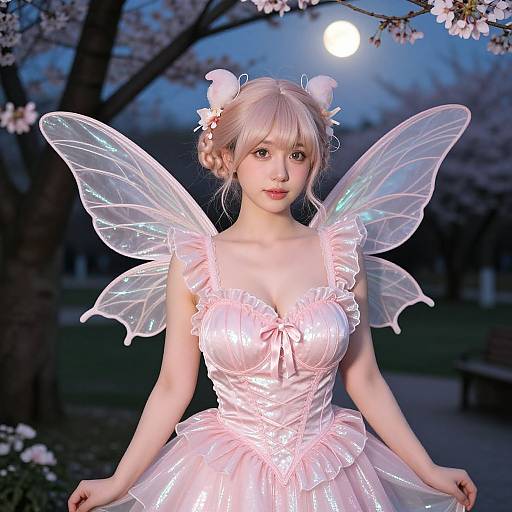 Photograph of a fair-skinned woman with blonde hair, wearing a pink, ruffled fairy dress and glowing wings, standing under a moonlit cherry