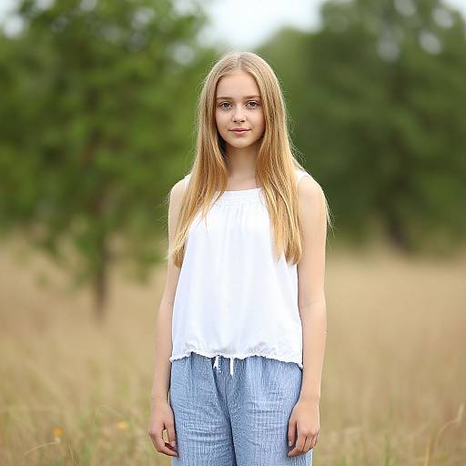 Photograph of a young blonde woman with long hair, wearing a white sleeveless top and light blue jeans, standing in a sunny, grassy field