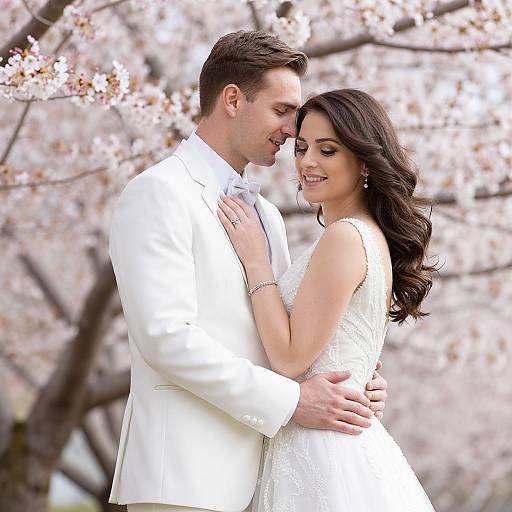 Photograph of a smiling couple in a white wedding attire, embracing under blooming cherry blossoms. The groom wears a white suit, while the bride