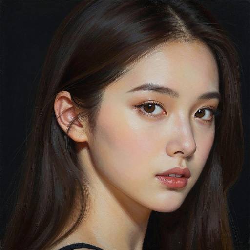 Photorealistic digital portrait of a young Asian woman with fair skin, long dark hair, brown eyes, and subtle makeup against a black background.