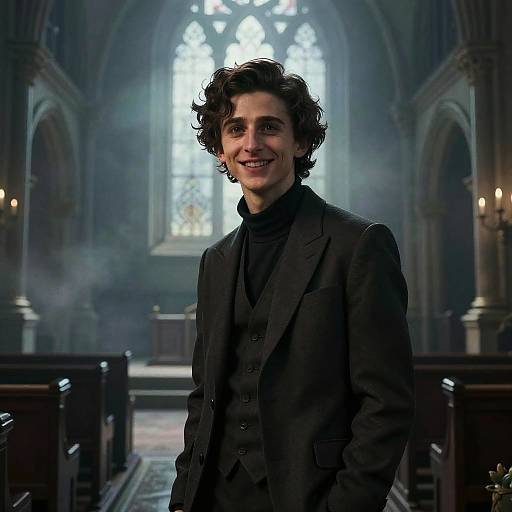 Young man smiling in misty chapel