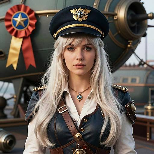 Digital art of a white-haired woman in a steampunk naval officer uniform with a black hat, standing in front of a vintage airship. Red