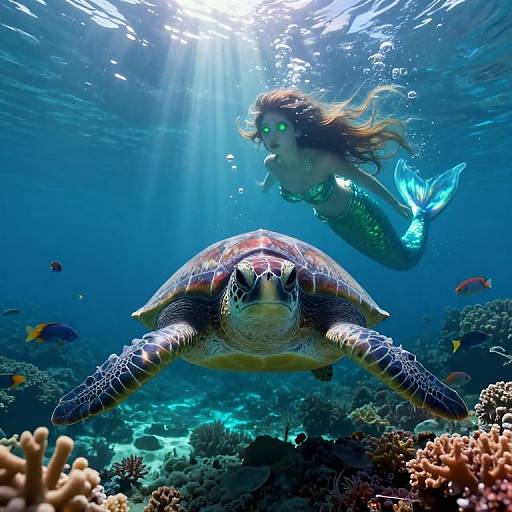 Photograph of a mermaid with glowing green eyes and a shimmering blue tail swimming above a sea turtle, surrounded by colorful coral reefs and small fish