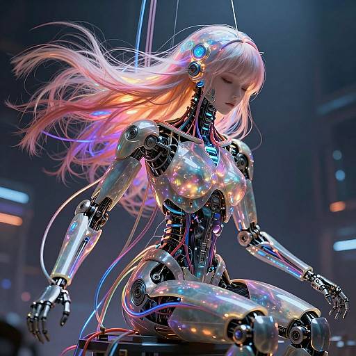 Digital art of a futuristic, glowing, blonde female robot with metallic joints, sitting in a dark, neon-lit cyberpunk setting.