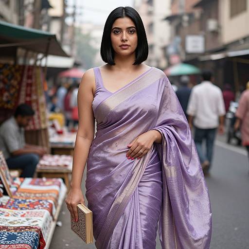 Photograph of a confident Indian woman with black bob haircut, wearing a shiny lavender saree, holding a book, standing in a bustling market street.