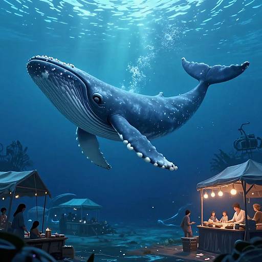 Digital artwork: Majestic blue whale glides above an underwater market with illuminated tents, people, and coral, bathed in sunlight.