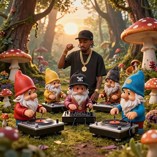Photograph of a black man in a black cap and shirt, gold chain, DJing with gnome figurines in a forest with giant mushrooms. Sun