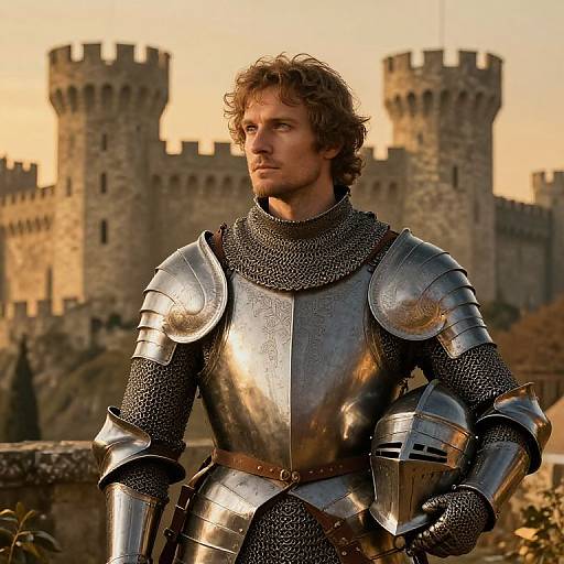 Photograph of a curly-haired, bearded man in shining medieval armor standing before a sunlit, stone castle with twin towers.