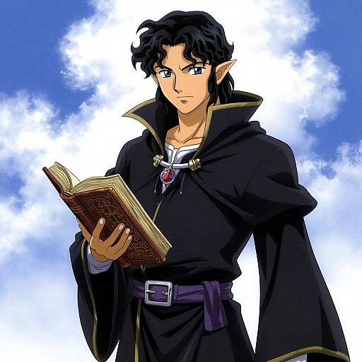 Anime-style drawing of a tall, black-haired elf with pointed ears, wearing a black cloak, reading a book against a blue sky.