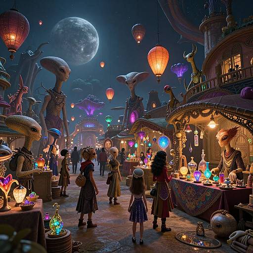 Fantasy market scene at night, illuminated by colorful lanterns, under a full moon. Tall, alien-like creatures sell glowing, magical items to children
