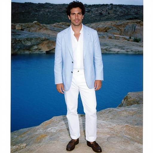 Photograph of a handsome man with dark curly hair, wearing a white suit, white shirt, and brown shoes, standing on rocky terrain with a blue