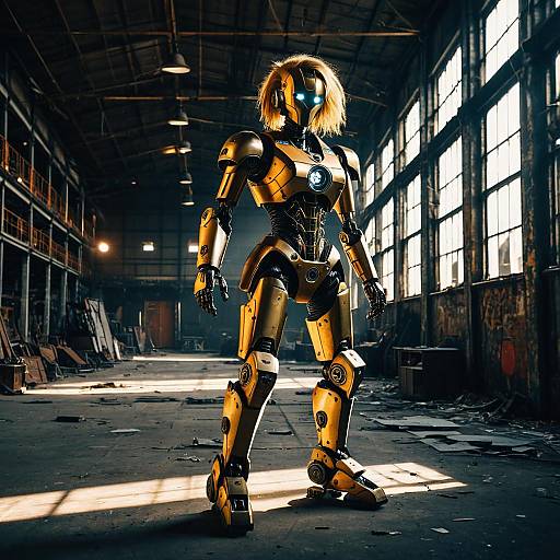 Steampunk Robot Acrobat in Industrial Warehouse