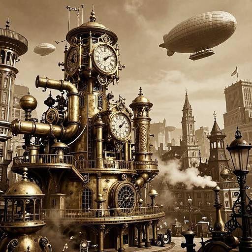 Steampunk Victorian Cityscape with Airships
