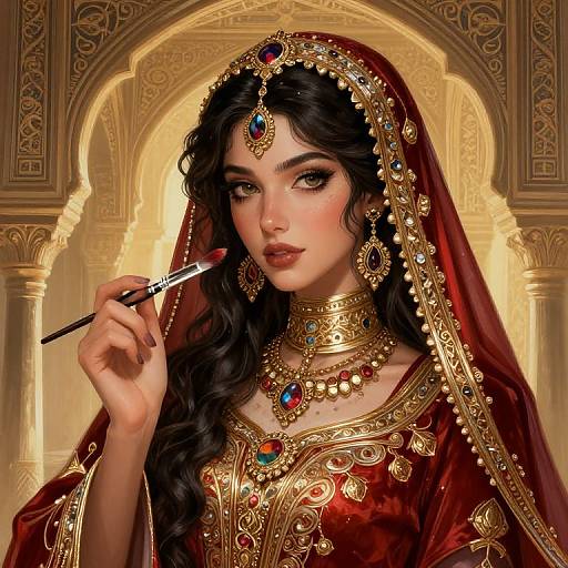 Digital painting of a beautiful, dark-haired woman in ornate gold and red traditional attire, applying lipstick in an opulent, golden archway.