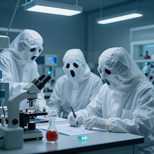 Photograph of three scientists in white hazmat suits with black face masks, working in a brightly lit laboratory with microscopes and test tubes.