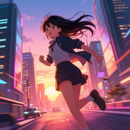 Anime Girl Running in Futuristic City