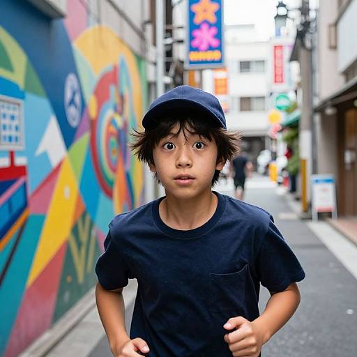 Photograph of a young Asian boy with wide eyes, wearing a navy cap and black t-shirt, running down a colorful, urban street with graffiti and
