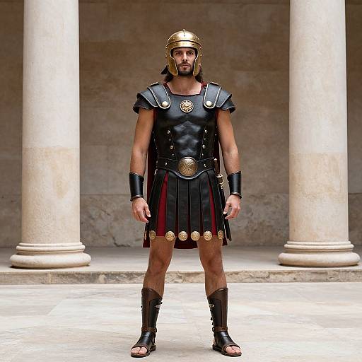 Photorealistic CGI of a muscular, bearded man in ancient Greek warrior armor, gold helmet, black leather tunic, and sandals, standing between