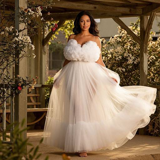 Photograph of a smiling, dark-haired woman in a white, fluffy, off-shoulder wedding dress, standing under a wooden pergola with blo