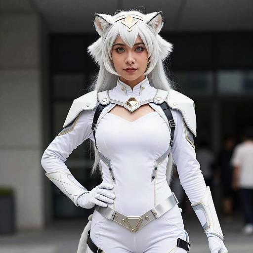 Digital photograph of a white-haired woman in a white cat-eared cosplay outfit with shoulder armor, gloves, and a chest emblem, standing confidently outdoors.